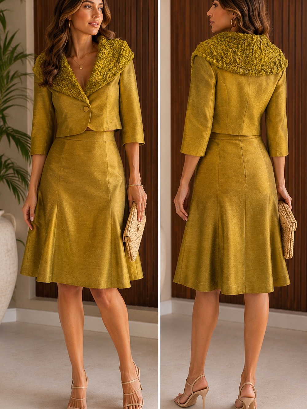 D’Orsay Olive Green Jacket & Skirt Set Elegant Formal Suit